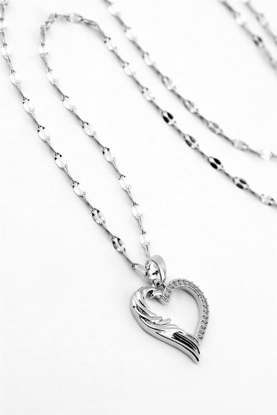 Çelik Kalp & Melek Kanadı Figürlü Kolye - Bilen Jewelry