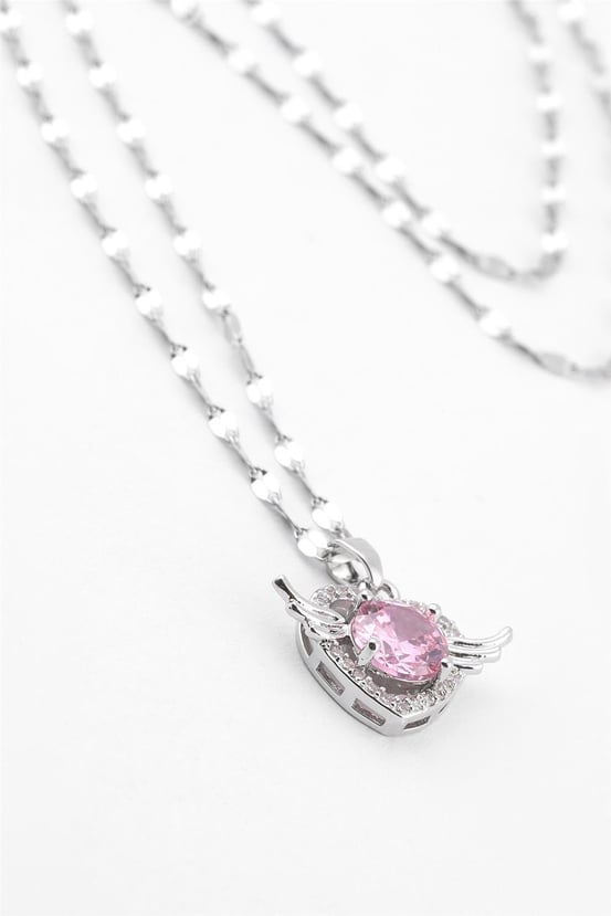 Pembe Taşlı Kanat Figürlü Çelik Kolye - Bilen Jewelry